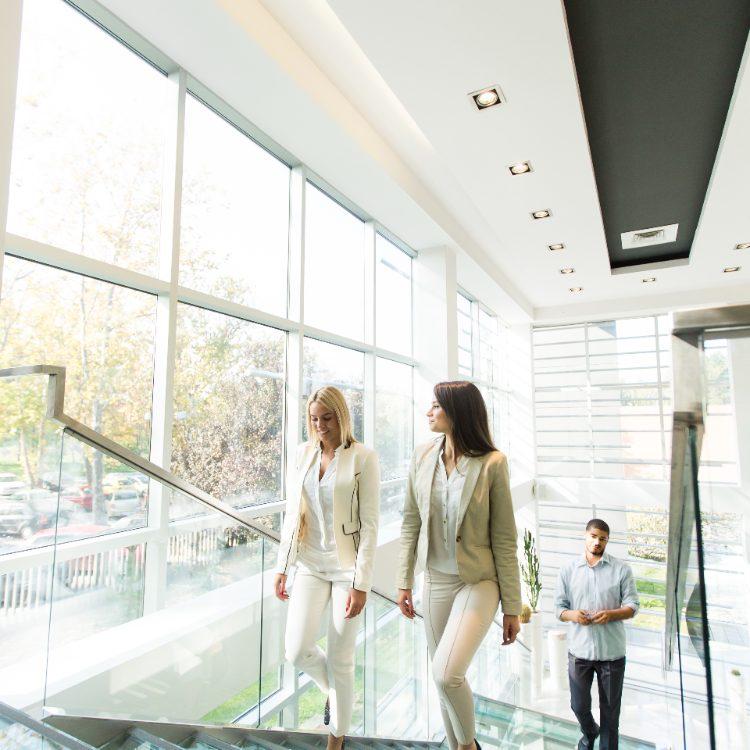 Two women and a colleague walking up a glass staircase by tall windows