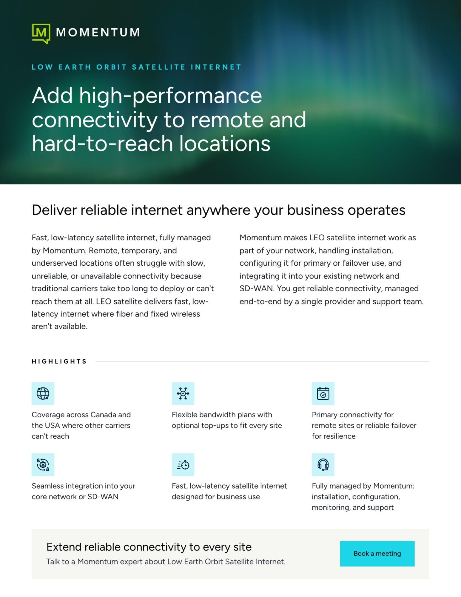 Page one of the LEO Satellite Internet datasheet