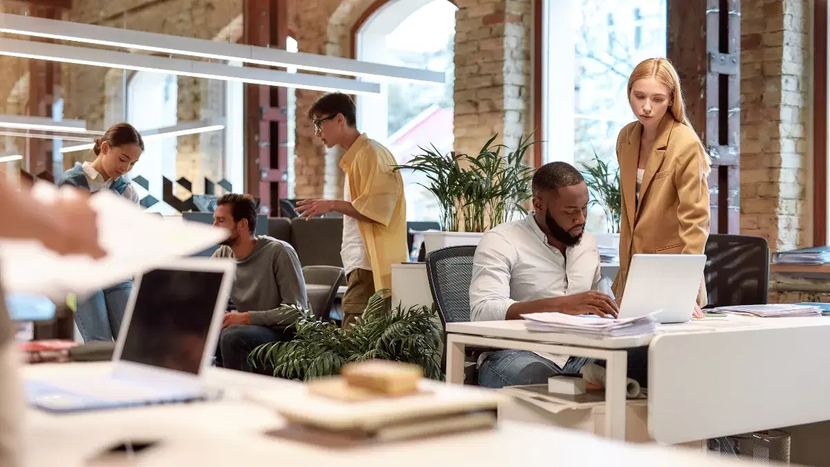 Colleagues working together at laptops in a bright open-plan office