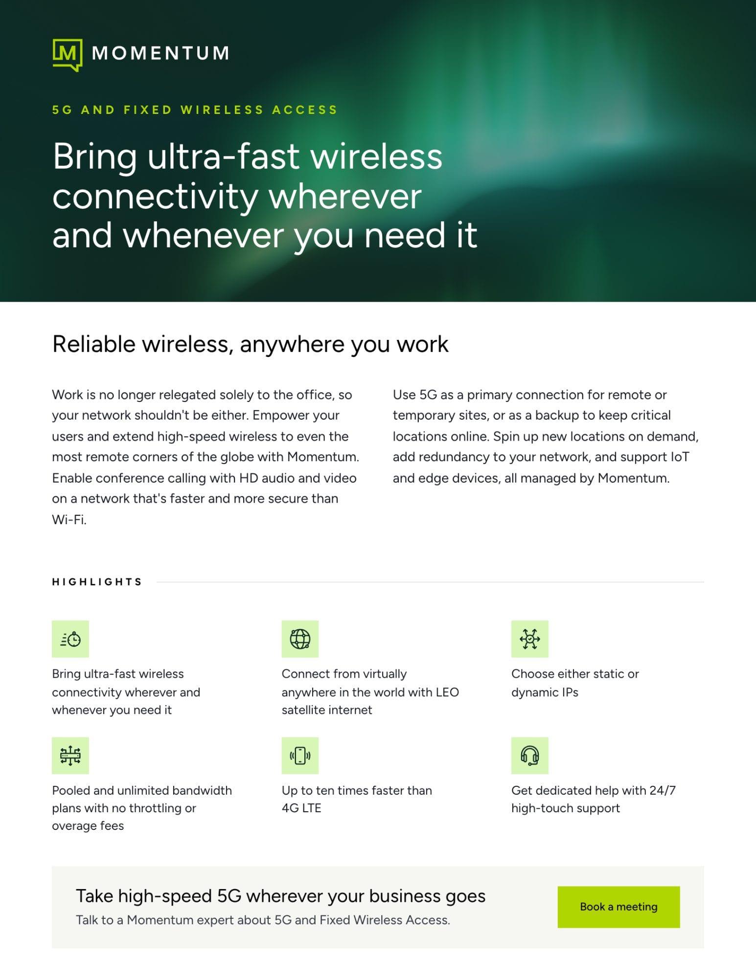Page one of the 5G and Fixed Wireless Access datasheet