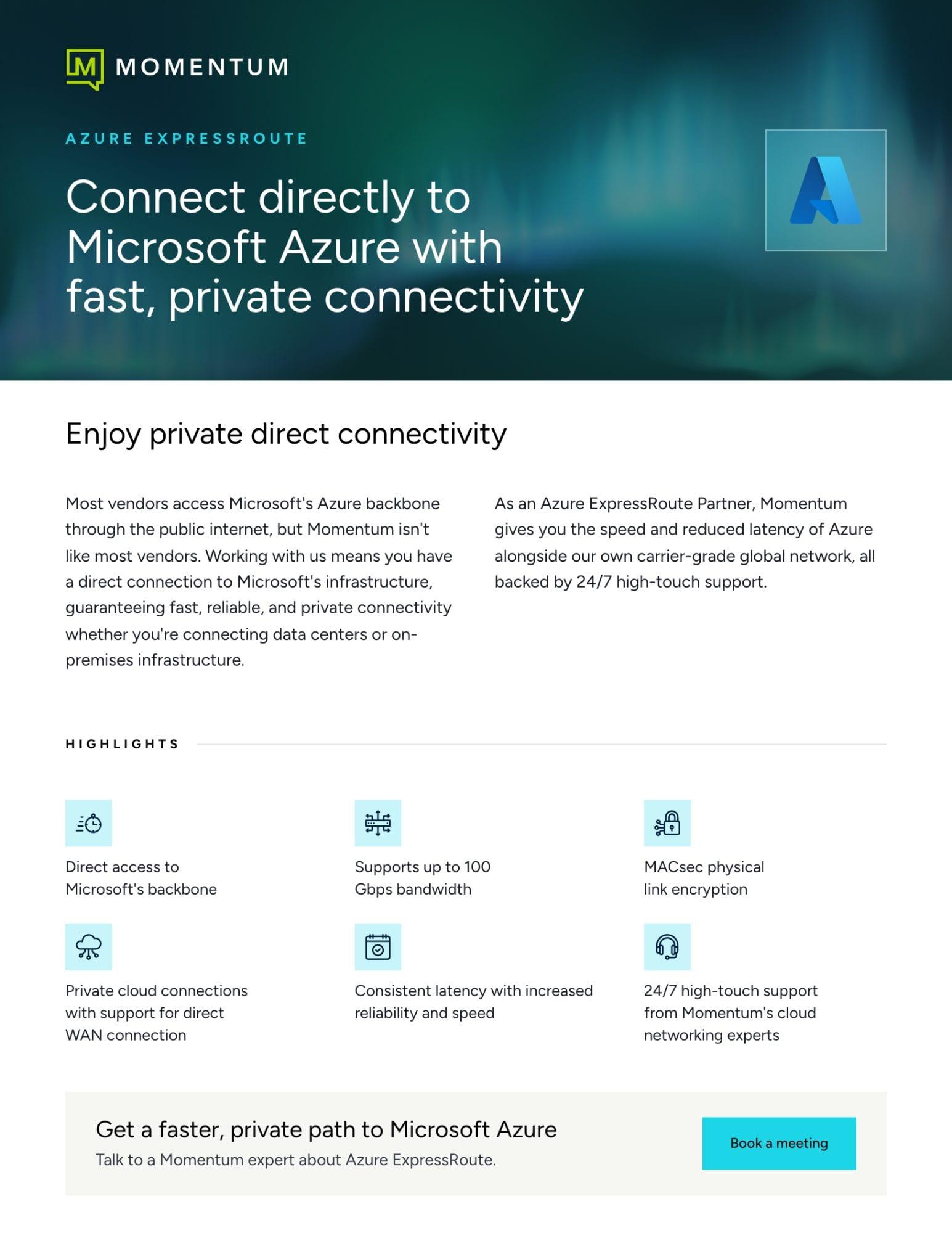 Page one of the Azure ExpressRoute datasheet