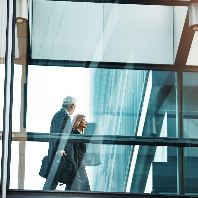 Two colleagues walking along a glass skybridge