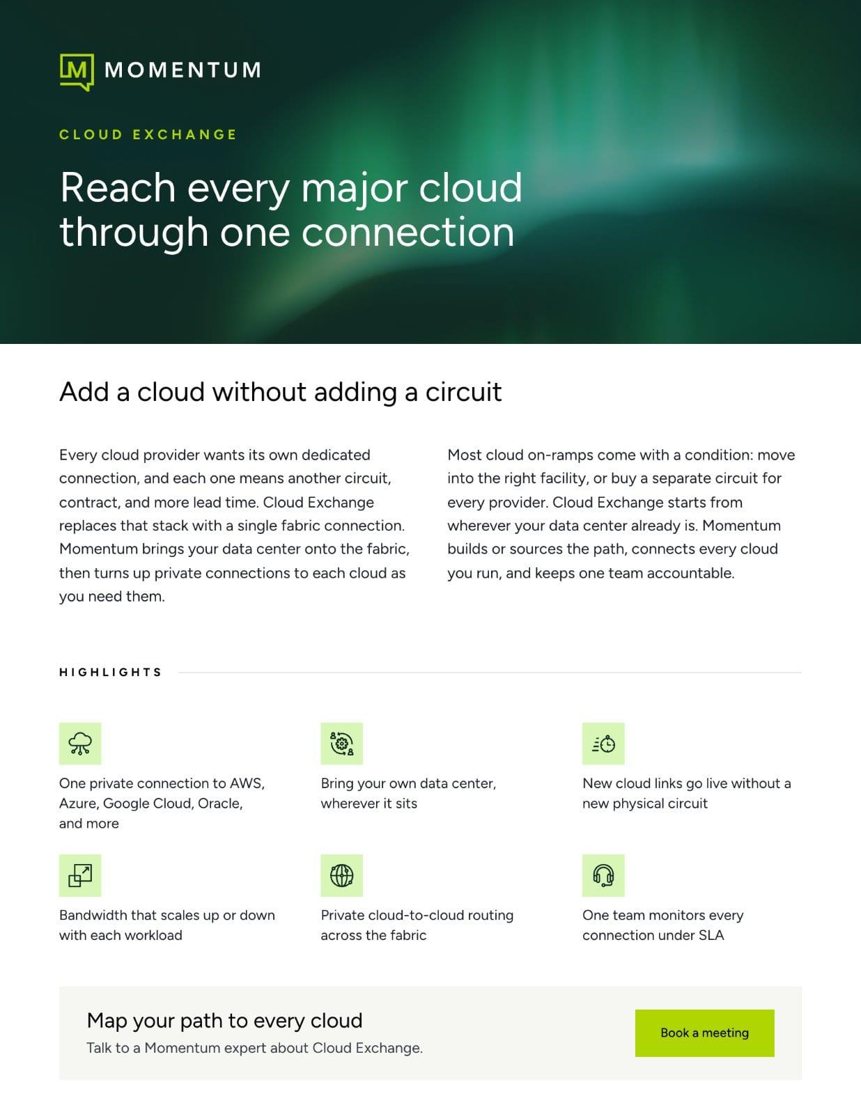 Page one of the Cloud Exchange datasheet